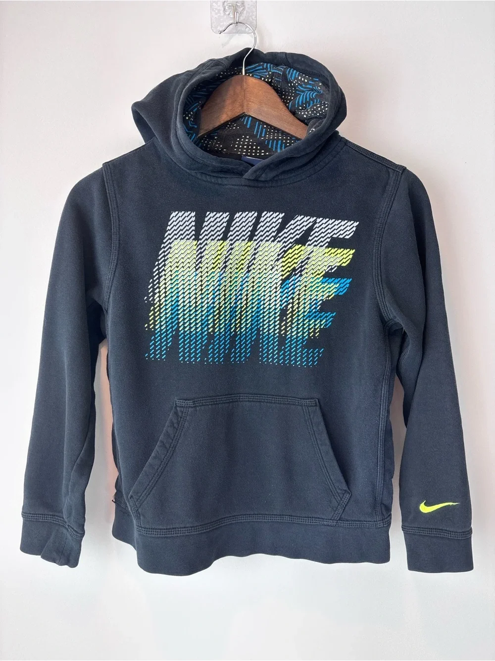 Nike Boys’ Hoodie — Youth Medium — Navy/Gray with Neon Graphic
